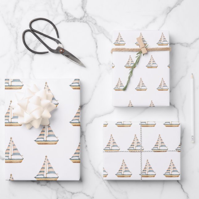 Watercolor Blue Stripe Sailboat Wrapping Paper Sheet (Front)