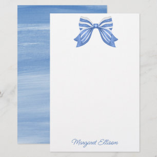 Watercolor Blue Striped Bow Stationery