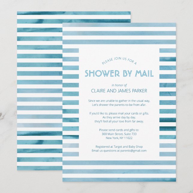Watercolor Blue Stripes Baby Shower by Mail Invitation (Front/Back)