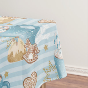 Watercolor Blue Stripes Cookies & Cocoa Christmas Tablecloth