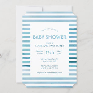 Watercolor Blue Stripes Simple Baby Shower Invitation