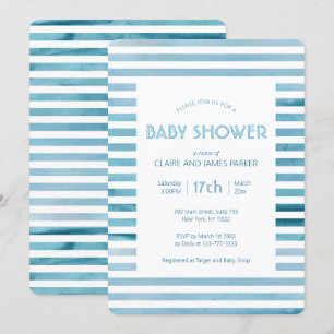 Watercolor Blue Stripes Simple Baby Shower Invitation