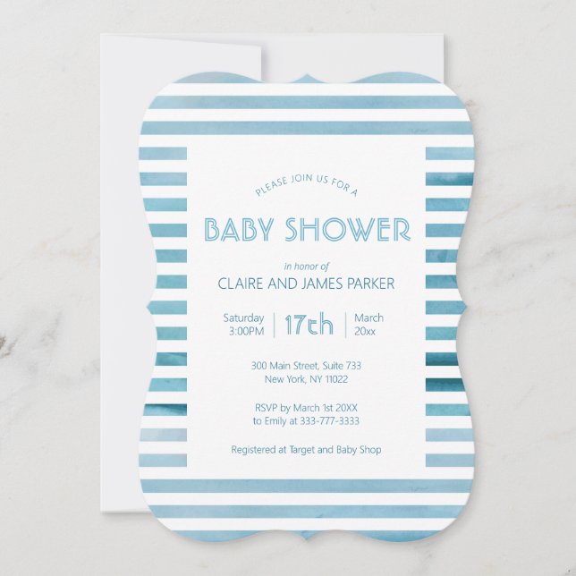Watercolor Blue Stripes Simple Baby Shower Invitation (Front)