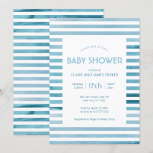 Watercolor Blue Stripes Simple Baby Shower Invitation