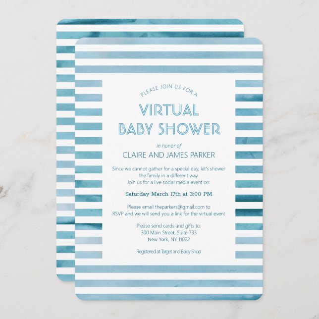 Watercolor Blue Stripes Virtual Baby Shower Invitation (Front/Back)