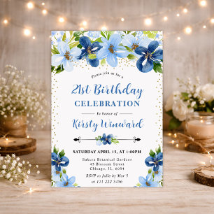 Watercolor Blue Summer Flowers 21st birthday Invitation