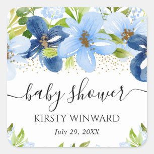 Watercolor Blue Summer Flowers Baby Shower Square Sticker