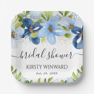 Watercolor Blue Summer Flowers Bridal Shower Paper Plate
