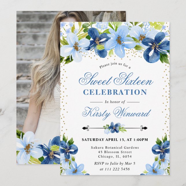 Watercolor Blue Summer Flowers Photo Sweet 16 Invitation (Front/Back)