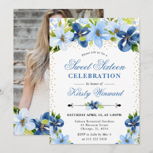 Watercolor Blue Summer Flowers Photo Sweet 16 Invitation