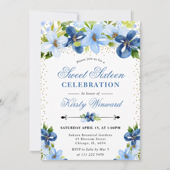 Watercolor Blue Summer Flowers Sweet 16 Invitation (Front)