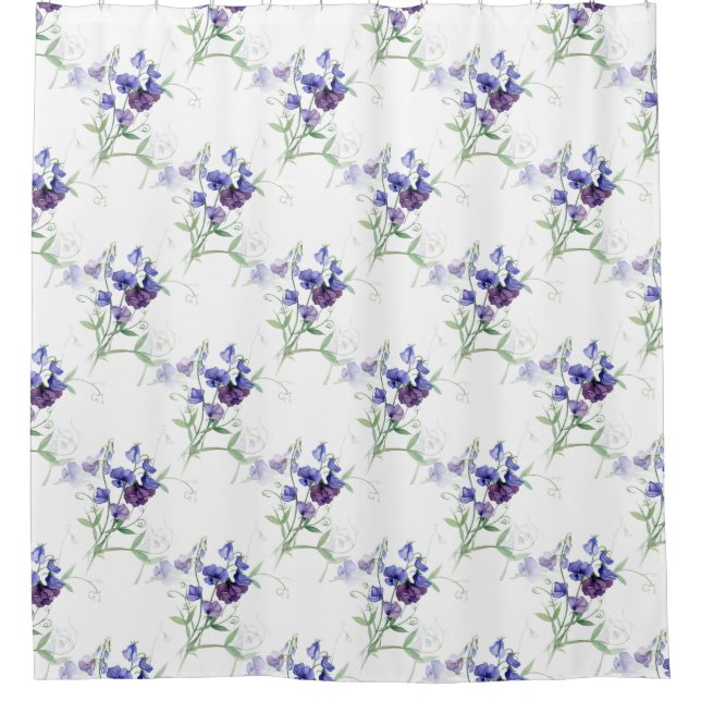 Watercolor Blue Sweet Peas Garden Flower Pattern Shower Curtain (Front)