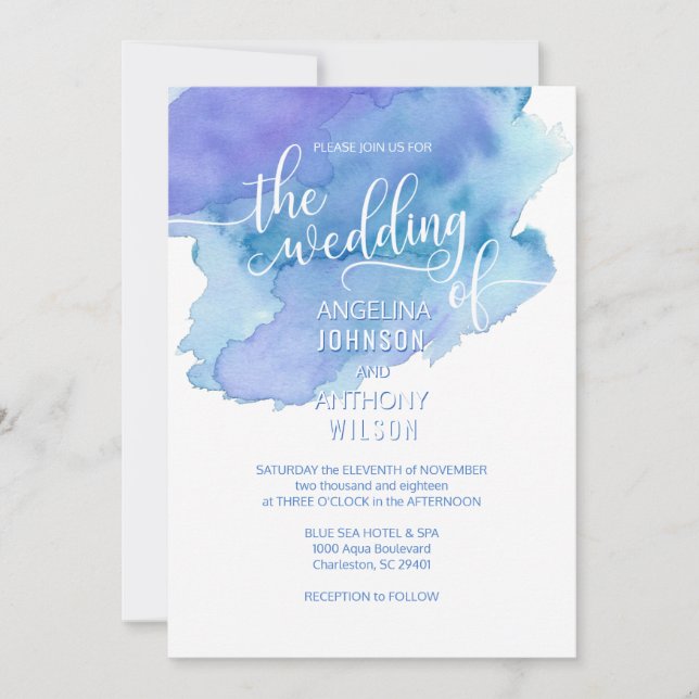 Watercolor Blue Teal Purple Wedding Invitations (Front)