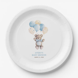 Watercolor Blue Teddy Bear Boy Baby Shower Paper Plate