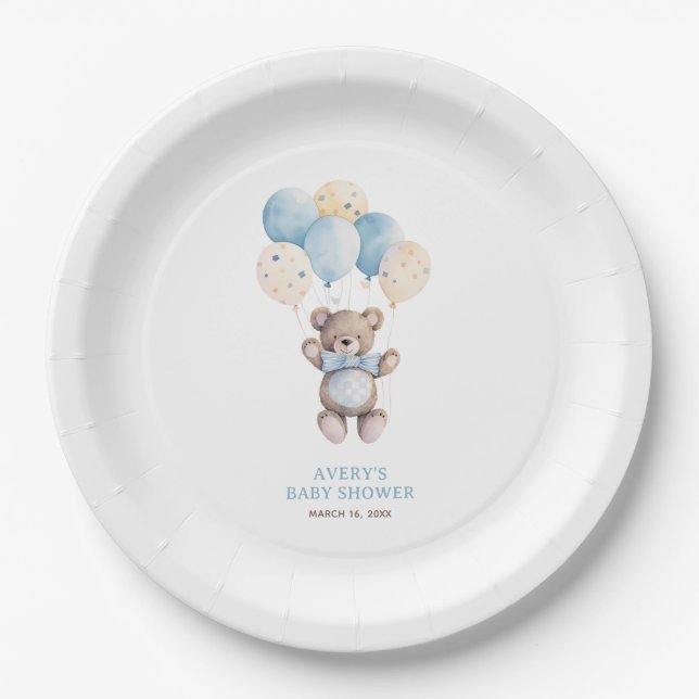 Watercolor Blue Teddy Bear Boy Baby Shower Paper Plate (Front)
