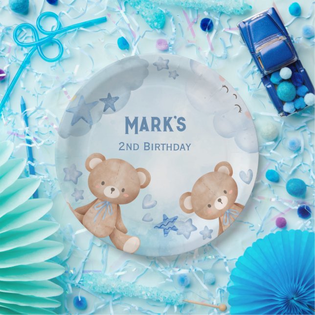 watercolor Blue teddy bear kids Paper Plate (Party)