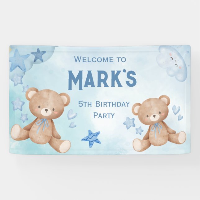 watercolor Blue teddy bear kids welcome Banner (Horizontal)