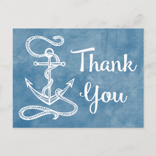 Watercolor Blue Thank You Nautical Ship Anchor Postcard (Front)