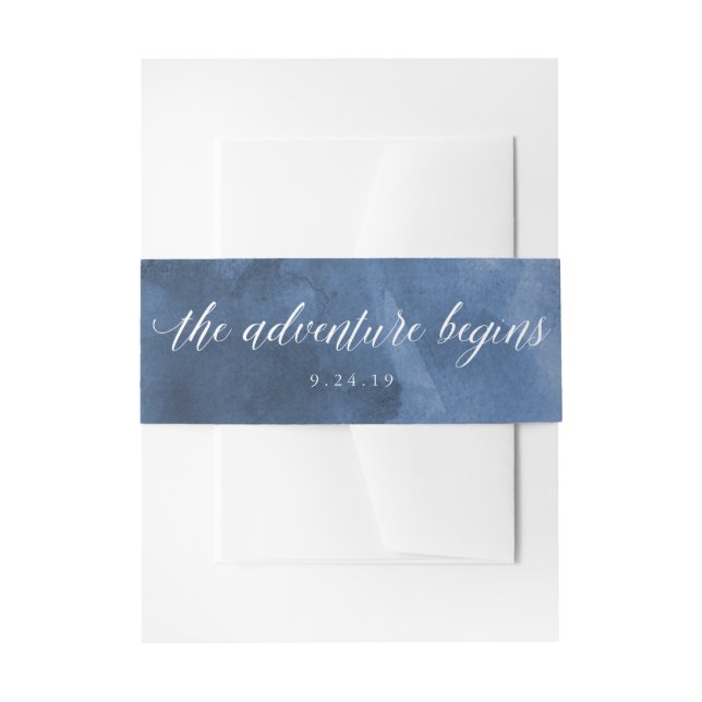 Watercolor Blue | The Adventure Begins Wedding Invitation Belly Band (Front Example)
