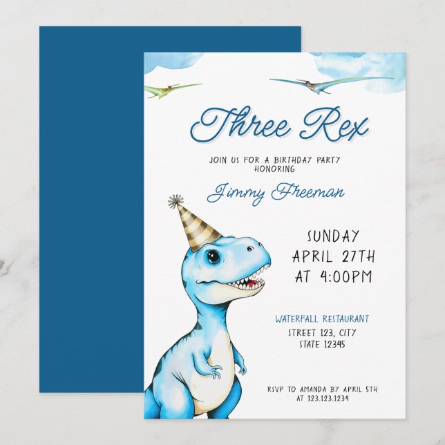 Watercolor Blue Three Rex Dinosaur Birthday Invitation (Front/Back)