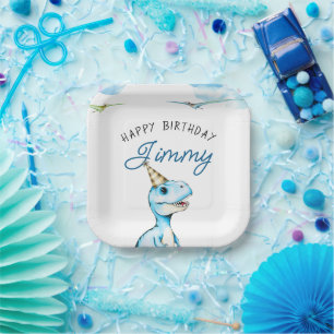 Watercolor Blue Three Rex Dinosaur Birthday Paper Plate