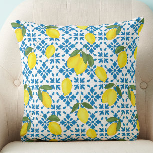 Watercolor Blue Tile Yellow Lemon Watercolor Cushion