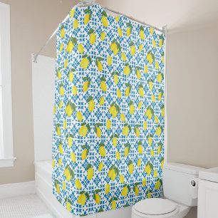 Watercolor Blue Tile Yellow Lemon Watercolor Shower Curtain