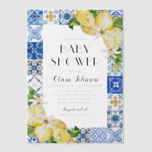 Watercolor Blue Tiles Lemons Italian Baby Shower Vellum Invitations