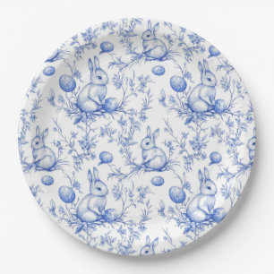 Watercolor Blue Toile De Jouy Easter Bunny Paper Plate