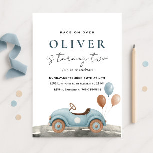 Watercolor Blue Toy Car Birthday  Invitation
