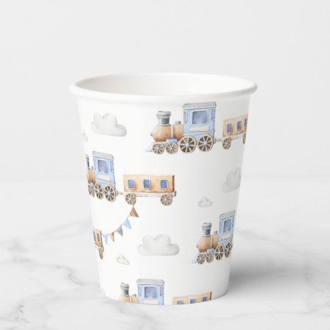 Watercolor Blue Train  Paper Cups (Front)