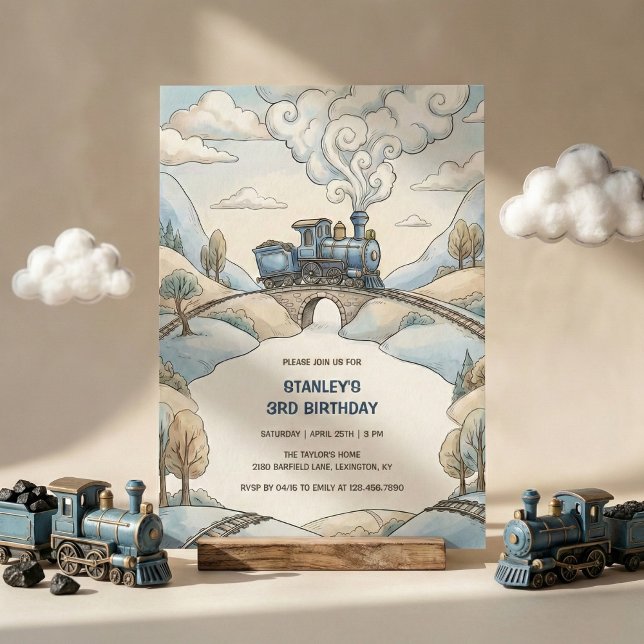 Watercolor Blue Train Travel Boys Birthday Party Invitation (Blue Vintage Train Watercolor Boys Birthday Party Invitation)