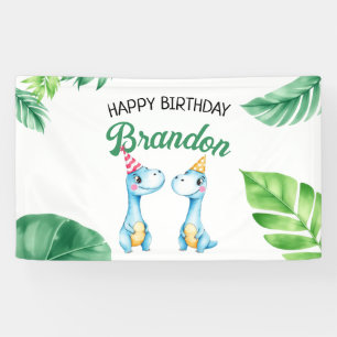 Watercolor Blue Trex Greenery Kids 3rd Birthday Banner