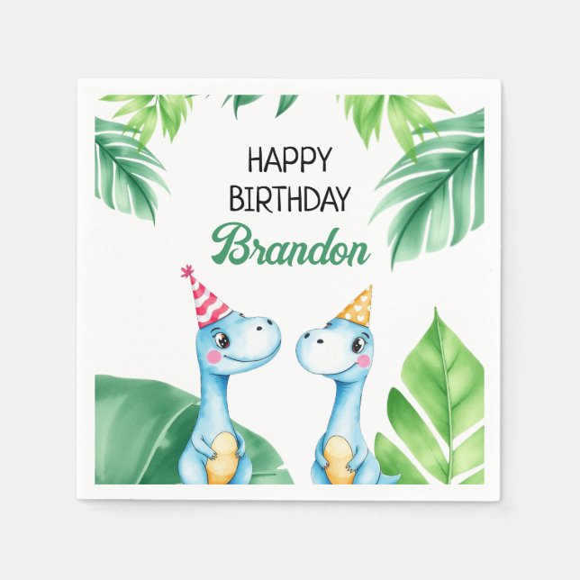 Watercolor Blue Trex Greenery Kids 3rd Birthday Napkin (Front)