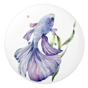 WATERCOLOR BLUE TROPICAL FISH COASTAL VACATION CERAMIC KNOB