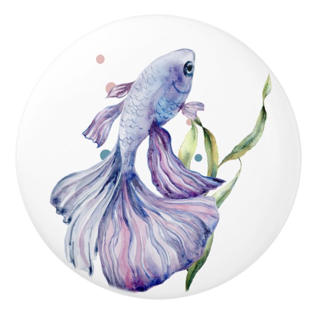 WATERCOLOR BLUE TROPICAL FISH COASTAL VACATION    CERAMIC KNOB (Front)