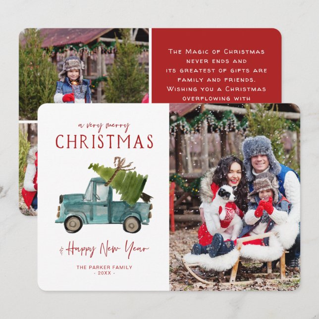 Watercolor Blue Truck | Christmas Holiday Photo Invitation (Front/Back)