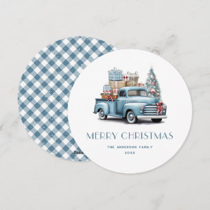 Watercolor Blue Truck Gingham Plaid Christmas Card