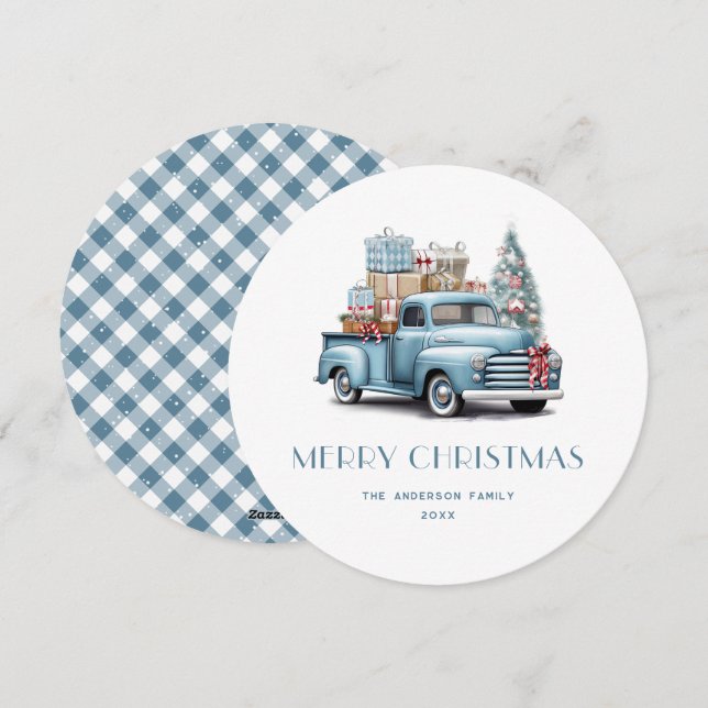 Watercolor Blue Truck Gingham Plaid Christmas Card (Front/Back)