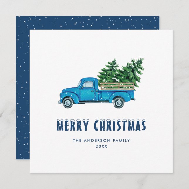 Watercolor Blue Truck Merry Christmas Card (Front/Back)