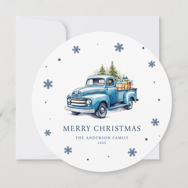 Watercolor Blue Truck Merry Christmas Card (Front)