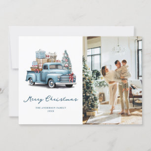 Watercolor Blue Truck Photo Merry Christmas Card
