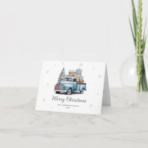 Watercolor Blue Truck Photo Merry Christmas Holiday Card