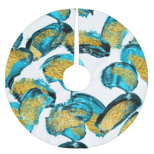 Watercolor blue, turquoise, gold art. brushed polyester tree skirt
