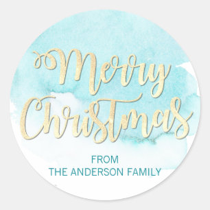 Watercolor Blue Turquoise Gold Glitter Christmas Classic Round Sticker