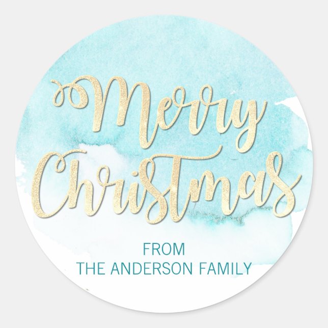 Watercolor Blue Turquoise Gold Glitter Christmas Classic Round Sticker (Front)