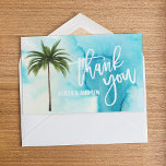 Watercolor Blue  Turquoise Palm Tree THANK YOU<br><div class="desc">Lovely modern watercolor THANK YOU cards with text in front.   Blue,  teal,  turquoise,  colours (water,  beach design) with palm tree.  Script letters.  BACK OF CARD is blank and option to add your handwritten message.  Perfect for any south destination,  tropical,  beach,  Hawaii...  wedding</div>
