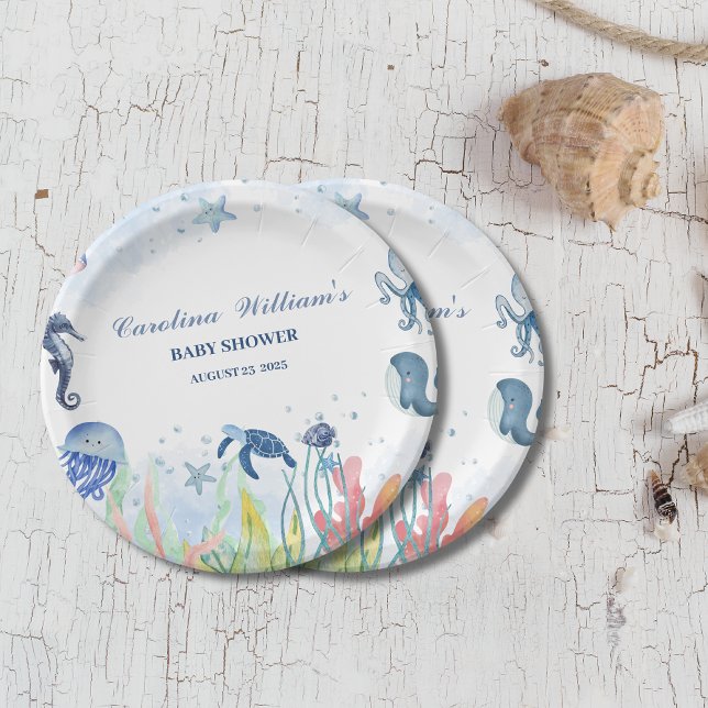 Watercolor blue Under the sea baby shower  Paper Plate (Creator Uploaded)