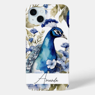 Watercolor Blue Unique Peacock Custom Text iPhone 15 Mini Case