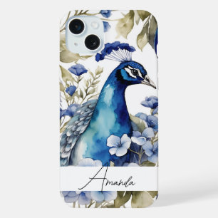 Watercolor Blue Unique Peacock Custom Text iPhone 15 Plus Case